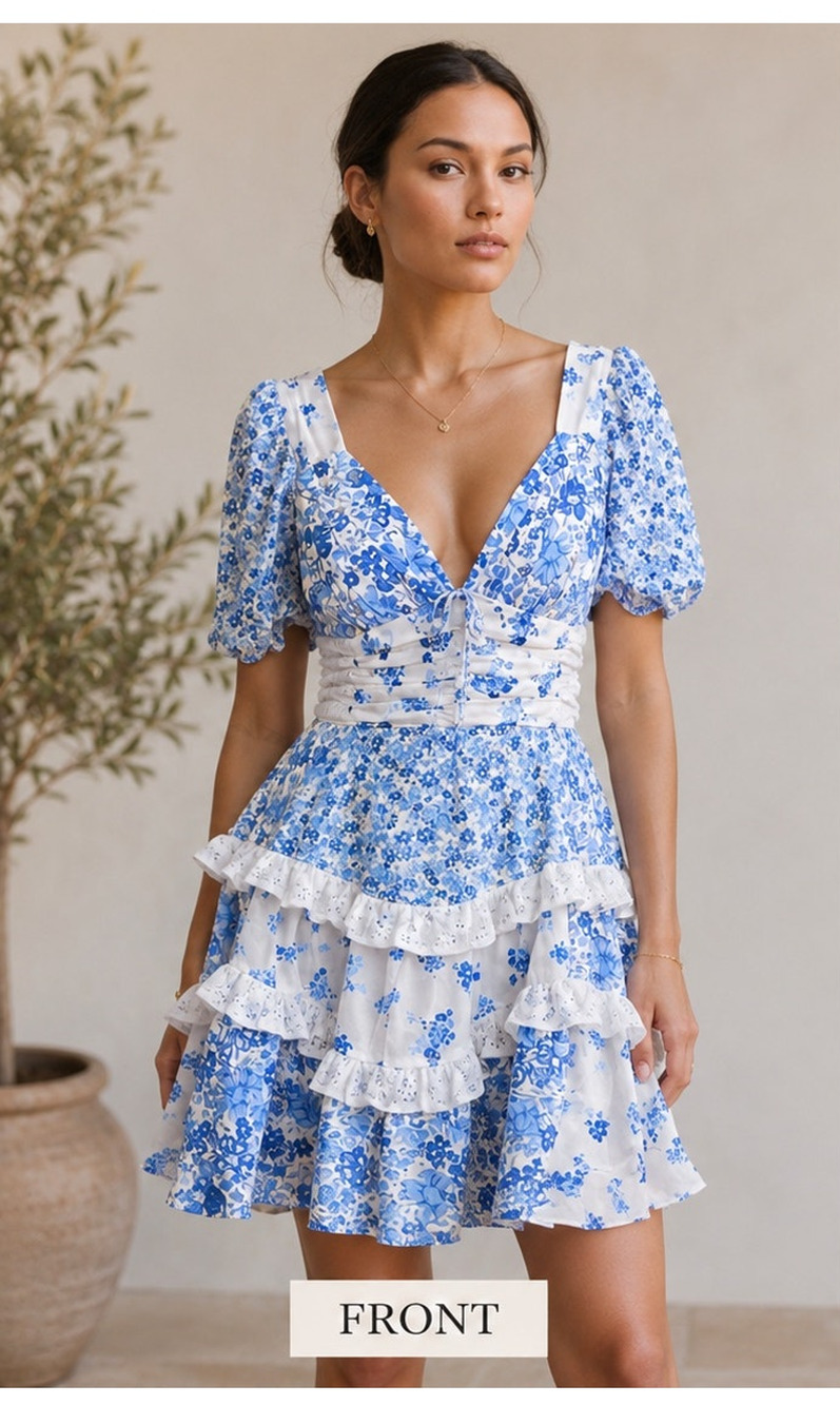 Altar’d State Aderny Blue White Floral Mini Dress Small NWT Lace Puff Sleeve